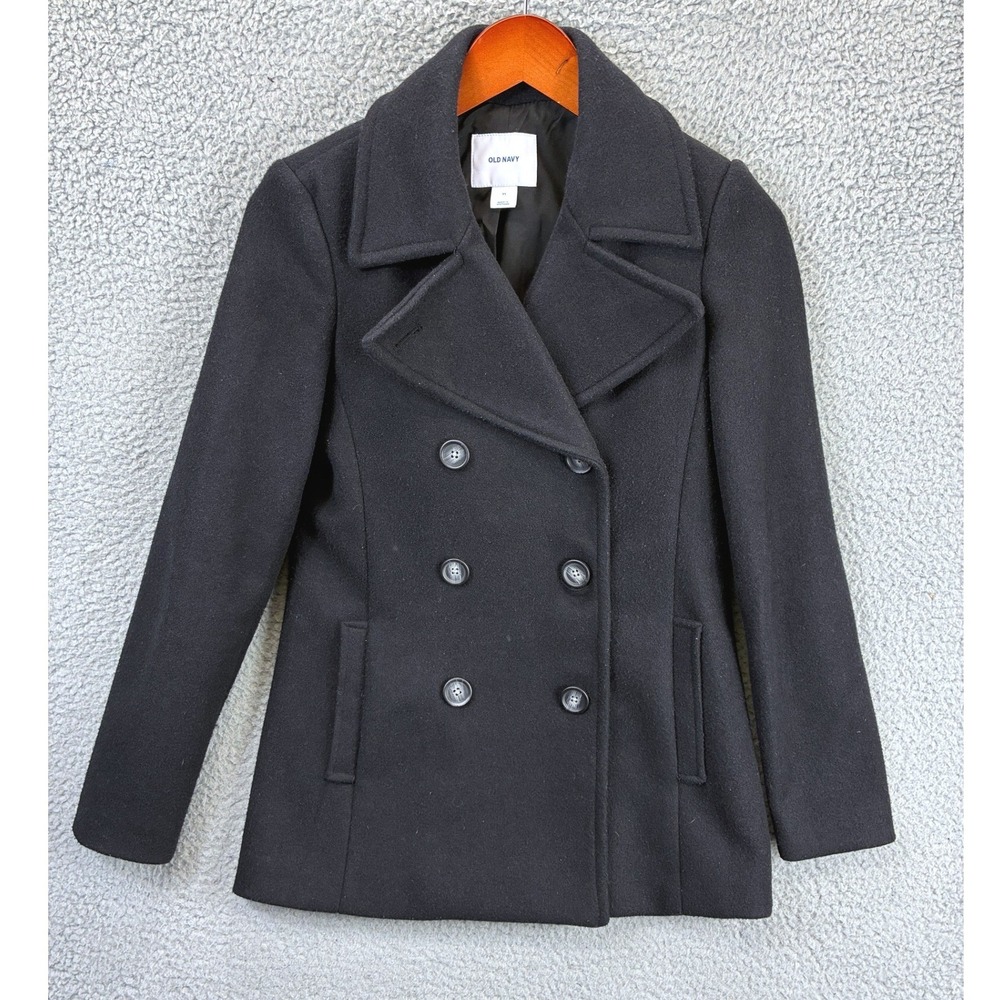 Old Navy Double Breasted Peacoat Jacket Womens XS Black Wool Blend Classic Warm